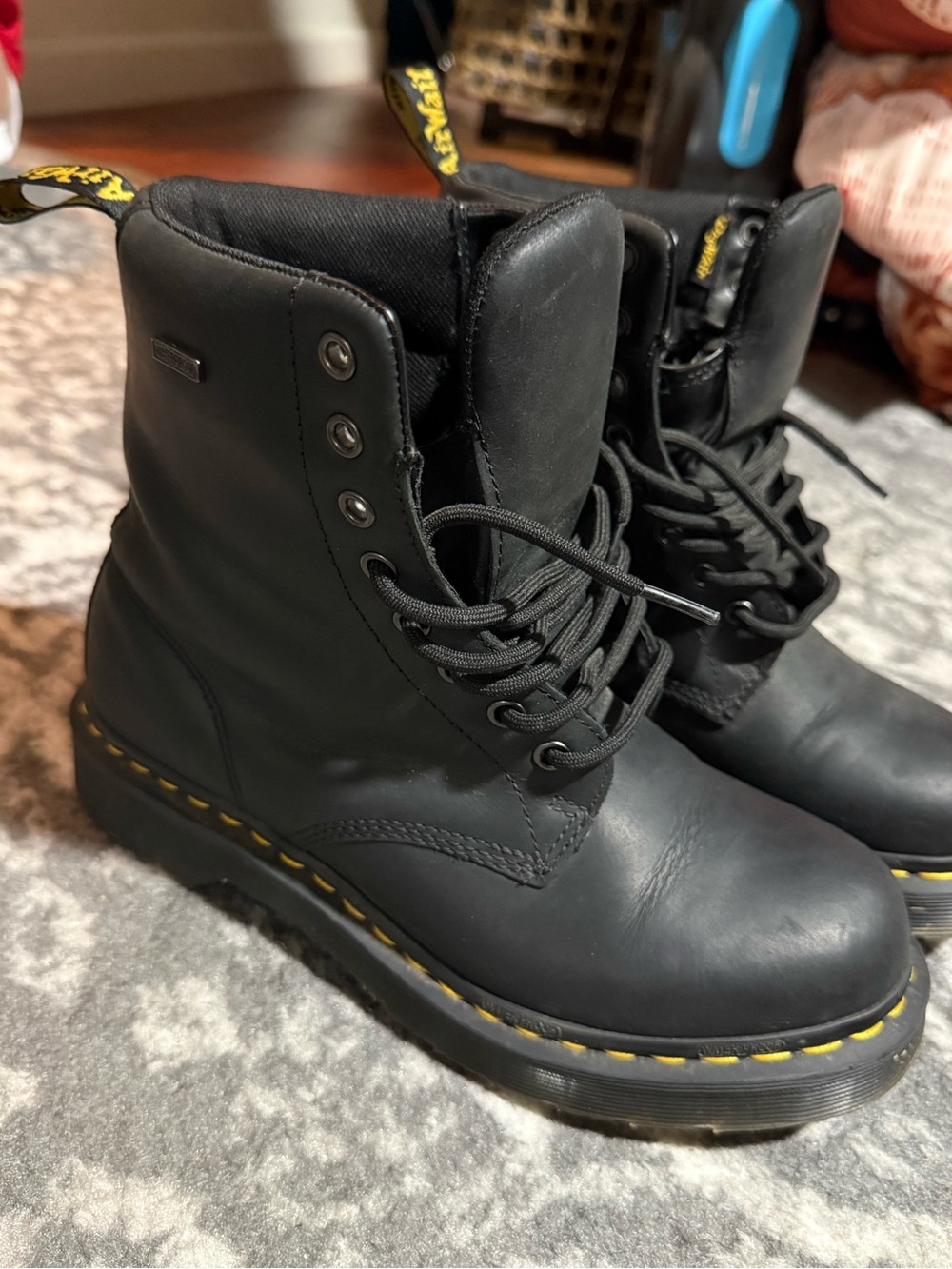 Dr. Martens Black Leather Waterproof Lace-Up Ankle Boots with Yellow Stitching